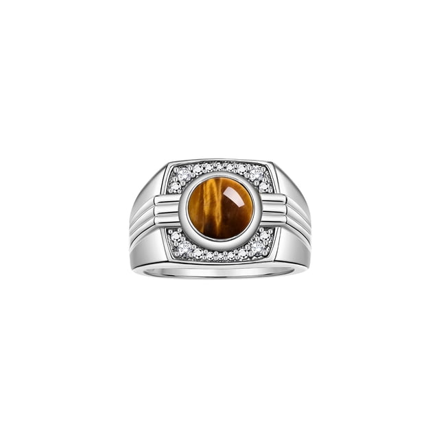 RYLOS Mens Rings 14K White Gold Designer Round Gemstone & Sparkling Diamond Ring Tiger Eye November Birthstone Rings For Men, Men's Rings, Gold Rings Sizes 8 - 13