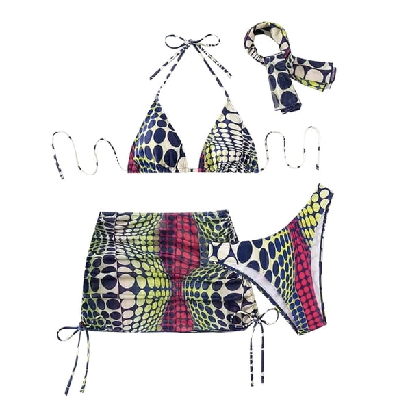 Women's Swim Digital Polka Dot Bikini Set Triangle Bra and High Cut Bikini Bottom and Skirt and Scarf Beach 4 Piece Swimsuit Women's Bras Sets See Through Womens Bras Sets Robe Blue M