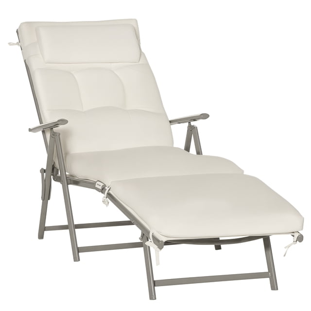 Outsunny Chaise Longue d'Extérieur avec Design Pliant en Blanc Crème. Dotée d'Un Cadre en Acier Robuste avec Tissu à Mailles Résistant aux Intempéries, d'Un Dossier Réglable à 7 Niveaux et d'Un Coussin Amovible avec Appui-Tête. la Chaise Supporte jusqu'à 360 Lb et Se Replie pour un transport et un Rangement Faciles. les Dimensions Incluent 53,9 Pouces de long par 25 Pouces de Large par 39,6 Pouces de Haut Lorsqu'elle Se Tient Debout, et 70,1 Pouces de long par 25 Pouces de Large par 27,6 Pouces de Haut au