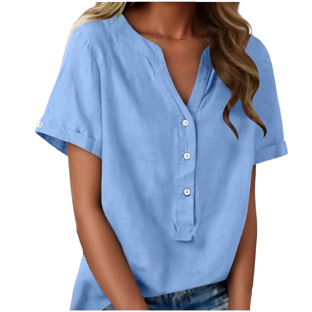 Floleo T-Shirt à Manches Courtes pour Femmes, Style Lin, Col en V, Boutons devant, Demi-Ouverture, Haut Vintage Classique, Respirant, Confortable, Extensible, Tissu Fin, Printemps Été Automne, Tenue Quotidienne (Bleu Clair#2,m)