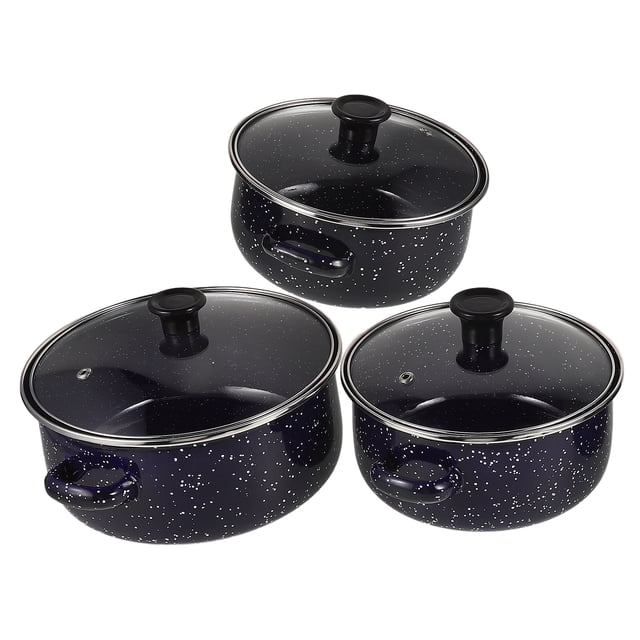 1 Ensemble de Casseroles en Émail avec Couvercle, Fond Plat, Comprenant Trois Casseroles en Émail Bleu Moucheté avec Couvercles en Verre et Poignées à Double Oreille pour un Transport Facile. Conçues avec des Fonds Plats pour un Chauffage Uniforme, Ces Casseroles à Soupe Sont Idéales pour Cuire du Lait, des sauces, des desserts, des Salades et des Nouilles Instantanées. Tailles Allant du Grand au Petit pour un Usage Polyvalent.
