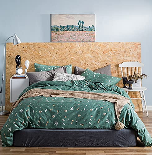 YuHeGuoJi Duvet Cover Set 100% Cotton King Size Green Floral Leaves Bedding 3 Pieces Set 1 Boho Plants Botanical Print Duvet Cover with Zipper 2 Pillo