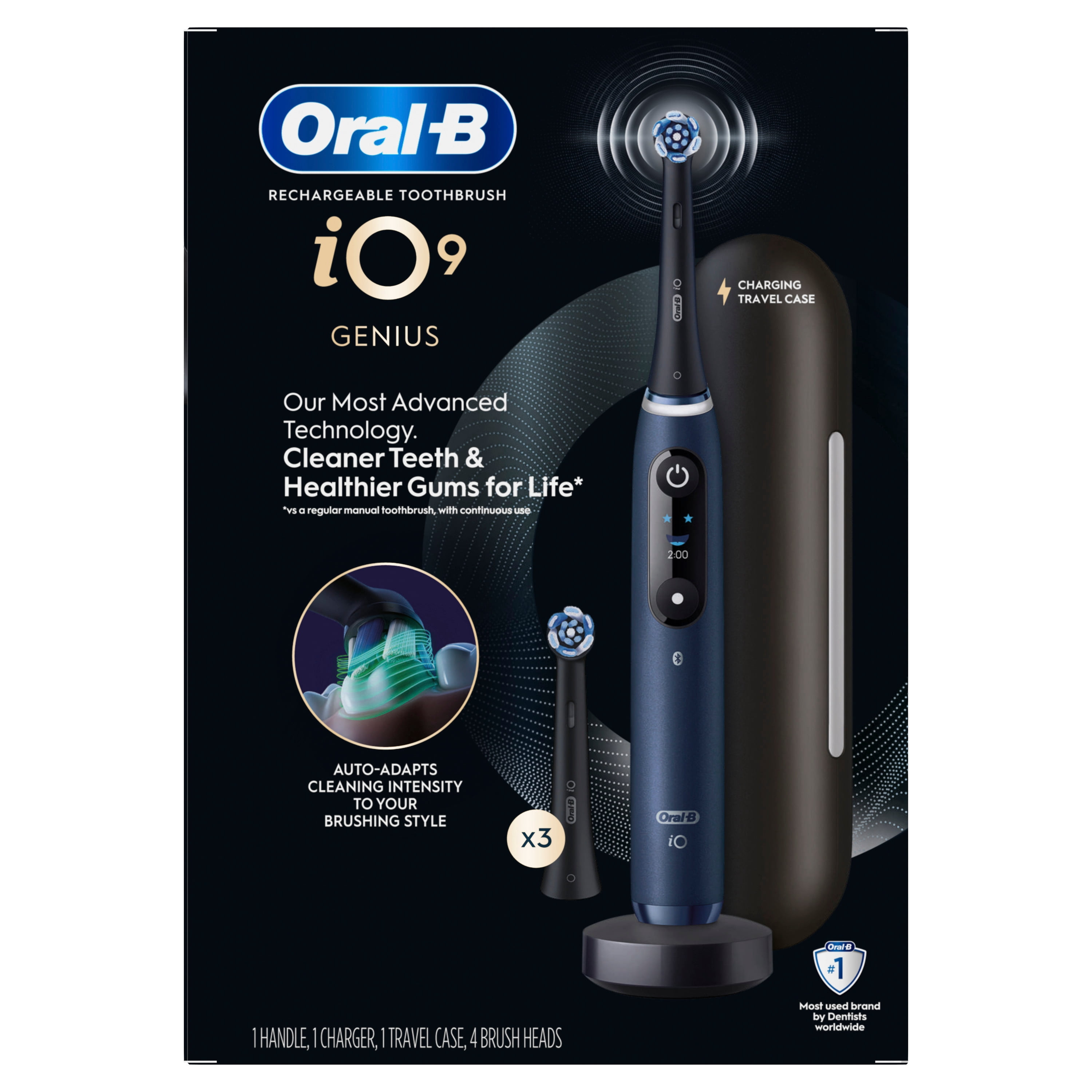 Brosse à dents électrique rechargeable Oral-B, iO9 Genius, 7 modes de nettoyage, écran interactif, étui de voyage avec chargeur intégré, détecteur de pression visible, 4 brossettes, bleu saphir