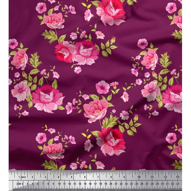 Soimoi Tissu Satin Modal Feuilles, Rose et Pivoine Tissu Imprimé Floral 1 Yard 42 Pouces de Large