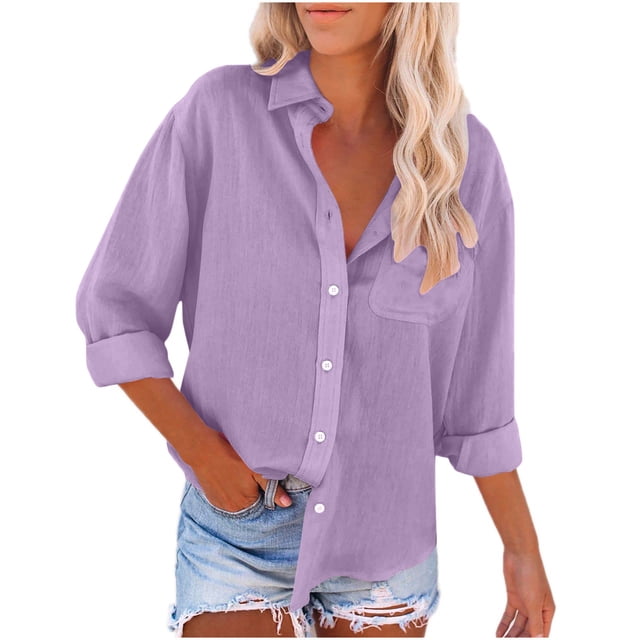 Timegard Chemises Boutonnées pour Femmes en Coton et Lin, Blouse à Col à Revers, Légère, Automne, Décontractée, Ample
