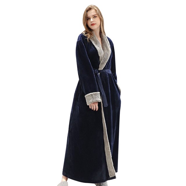 WZXFASHION Womens Fleece Robe Soft Plush Bathrobe Fluffy Cute Long Coat Night Robe WomenRobes Navy M