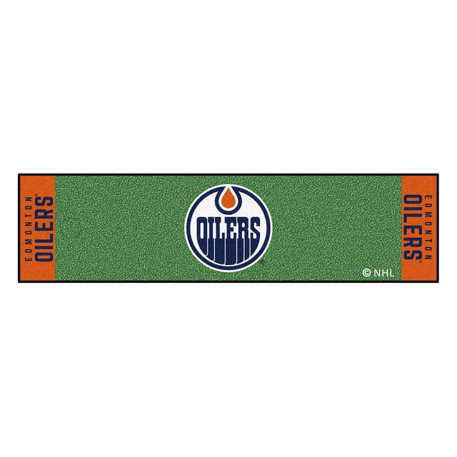 NHL - Edmonton Oilers Putting Green Mat 18"x72" featuring a green textured putting surface with the Edmonton Oilers logo centered in navy blue and orange, orange end panels with 'Edmonton Oilers' text, durable vinyl backing to prevent slipping, designed for golf putting practice and also suitable as a floor runner.