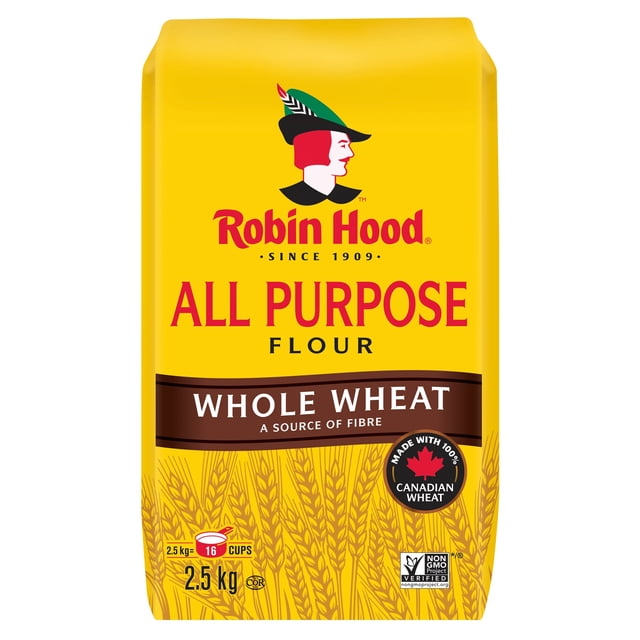 Robin Hood Whole Wheat All Purpose Flour 2.5kg bag made with 100% Canadian wheat, featuring a yellow package with red and black text, the Robin Hood logo with a green feathered hat, wheat stalk illustrations, labelled as a source of fibre and non-GMO verified, suitable for baking breads, muffins, and cookies.
