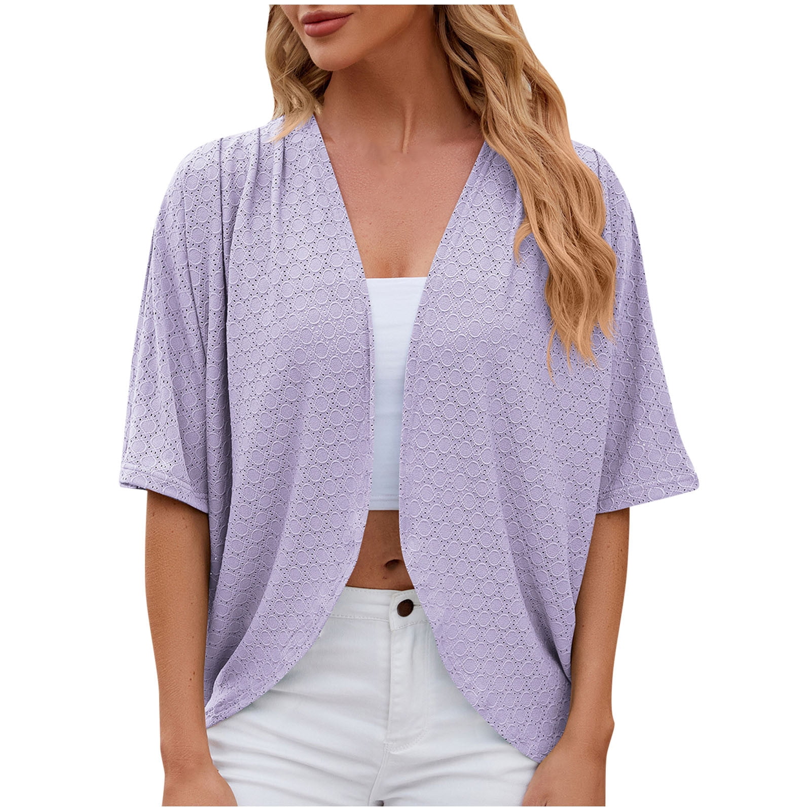 Timegard Tops for Women 1/2 Sleeve Eyelet Ruffle Open Front Crop Top Beach Casual Lightweight Cardigan