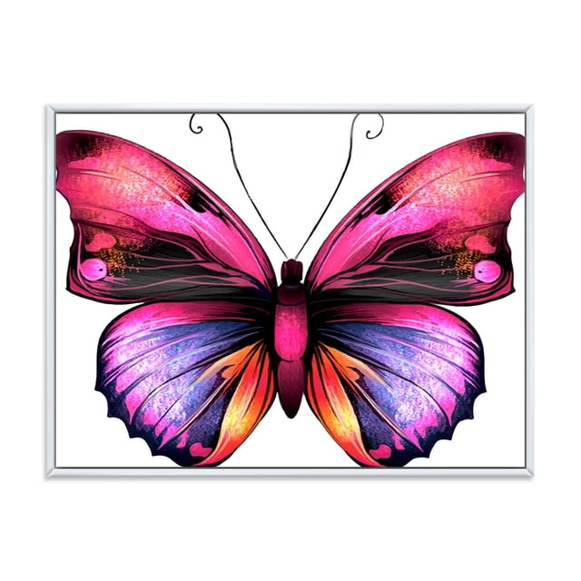 Designart Cadre Flottant Portrait de Papillon Rose Vif ART Mural Mettant en Vedette un Papillon Orienté vers l'Avant avec des Ailes Roses, Violettes et orange Vibrantes Imprimées sur Toile de Coton de Qualité Supérieure, Enveloppé pour Galerie et Tendu sur un sous-Cadre en Bois de 1 Po dans un Cadre Flottant Blanc, Prêt à Accrocher et Idéal pour la Déco Maison Moderne.