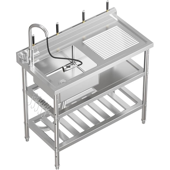 Évier Utilitaire Autoportant en Acier Inoxydable 39.4x19.7x34.6 Po Bol Simple avec Robinet Extractible Eau Chaude et Froide Crochets en S Tablette Ajustable Certifié NSF pour Buanderie Garage Cuisine