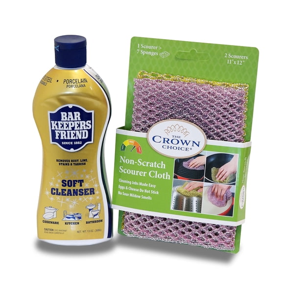 BAR KEEPERS FRIEND Soft Cleanser Liquid (13 OZ) and Non Scratch Scouring Scrubber Kit | Multipurpose, Stainless Steel, Rust, Soft Cleaner with Heavy Duty Non Scratch DishCloth