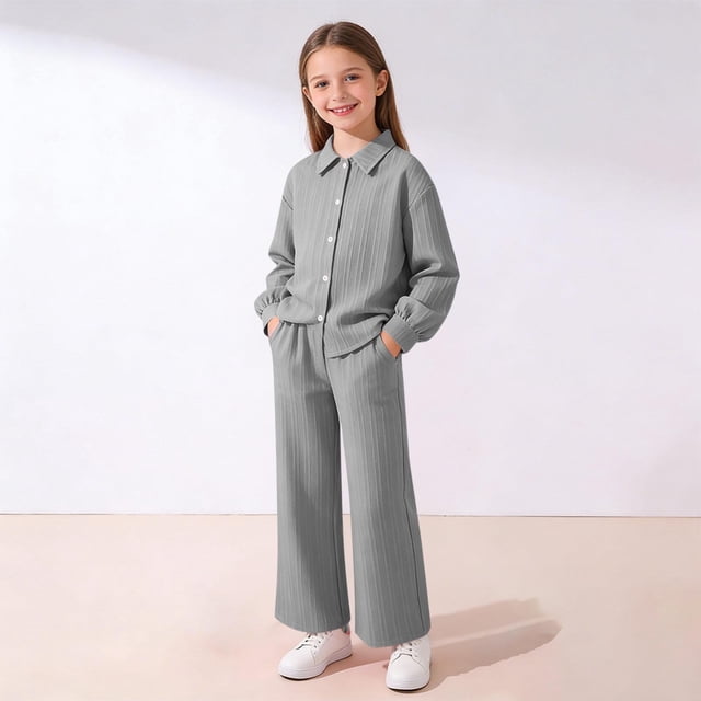 EGNMCR Long Sleeve Turndown Collar Set Children's Solid Color Long Sleeve Turn-Down Collar Button-Up Top With Elastic Waist And Pockets And Pants Set Girl polyester set