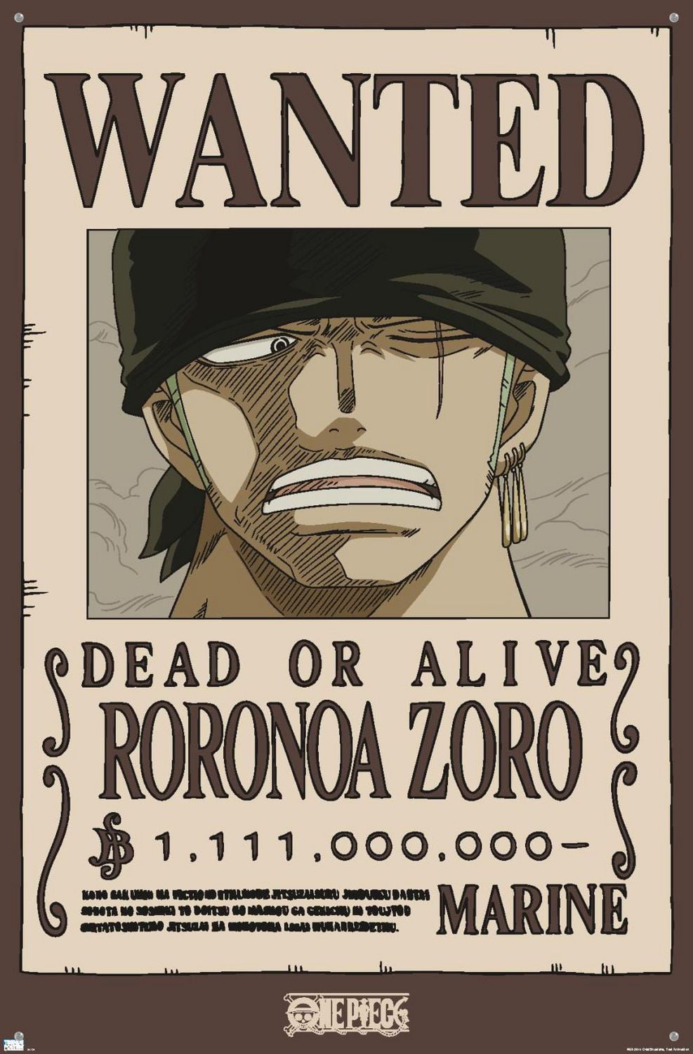 One Piece - Roronoa Zoro Wanted Poster Wall Poster with Pushpins, 22.375" x 34"