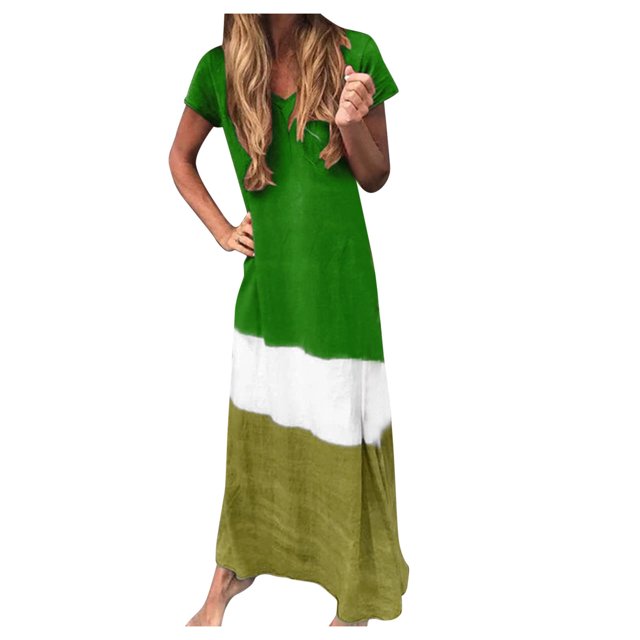 Fridja Womens Plus Size Daily Tie-dyed Color Block Loose V Neck Short Sleeve Dress