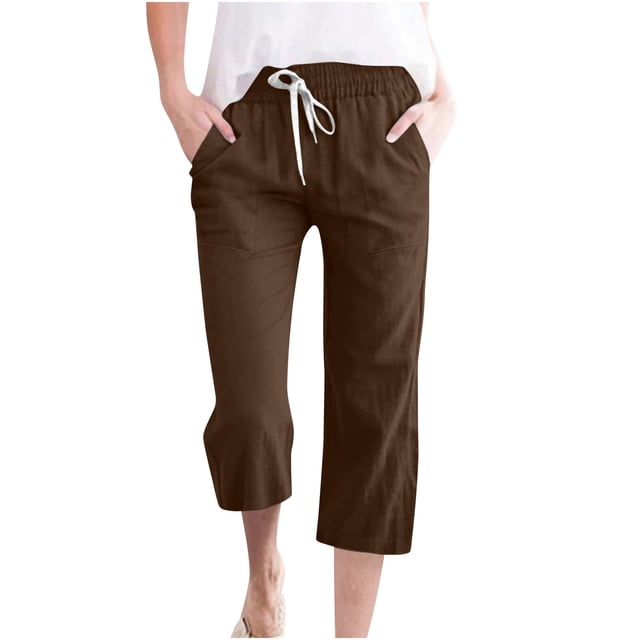 Penkiiy Pantalon Capri Extensible Taille Haute pour Femmes avec Poches, Brun, 2TG