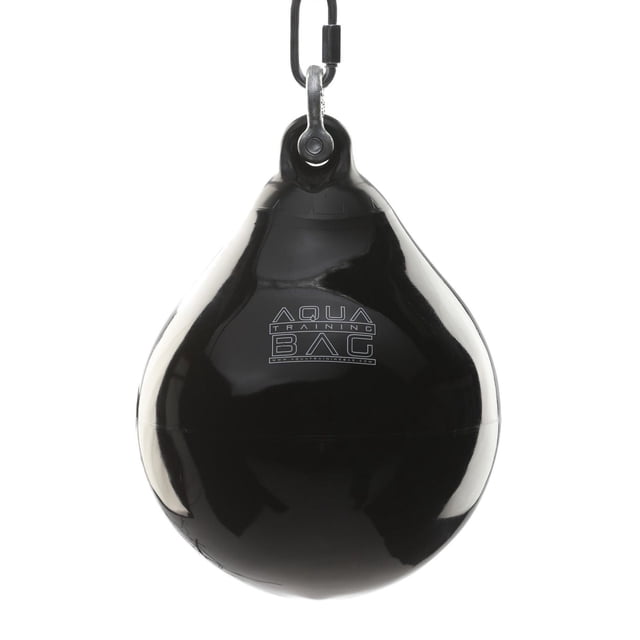 9" 15lb. ATB Training Bag - Black Eye hanging front view showing its glossy black teardrop shape with Aqua Training Bag logo, water-filled for energy absorption and durable vinyl construction, ideal for boxing and MMA strike training.
