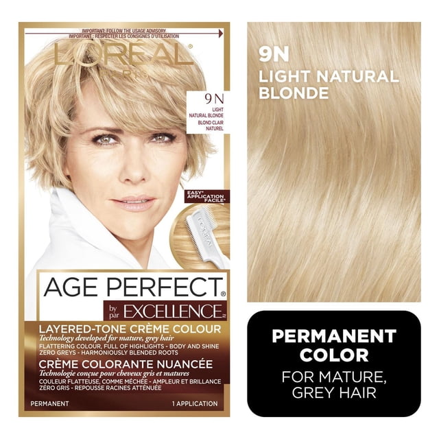 L'Oréal Paris Excellence Age Perfect Hair Dye in 9N Light Natural Blonde, a layered-tone crème colour designed for mature grey hair with permanent coverage, flattering highlights, and an easy application brush for natural, fuller hair.