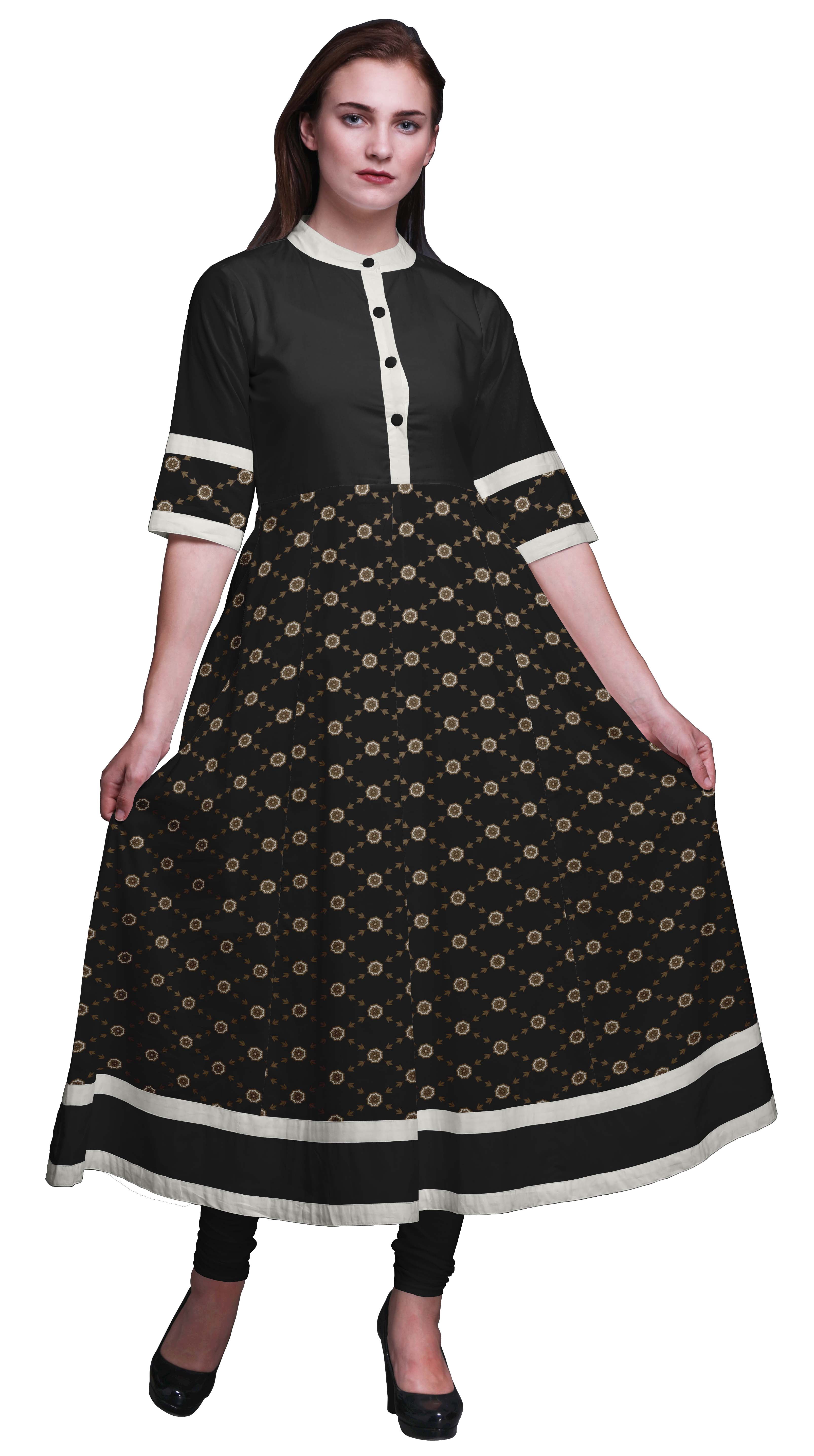 Bimba Kurtis Indiennes Noires à Carreaux et à Blocs Floraux pour Femmes, Kurti Anarkali Imprimée Ligne A, Robe Ethnique Décontractée - Très Petit