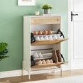 thumbnail image 1 of Armoire de Rangement pour Chaussures Étroite de 24 Pouces avec Design en Rotin, Organisateur Autoportant avec Portes Rabattables, Tiroir et Tablettes Ajustables pour Entrée, Couloir Ou Garde-Robe, Bois/blanc, 1 of 10