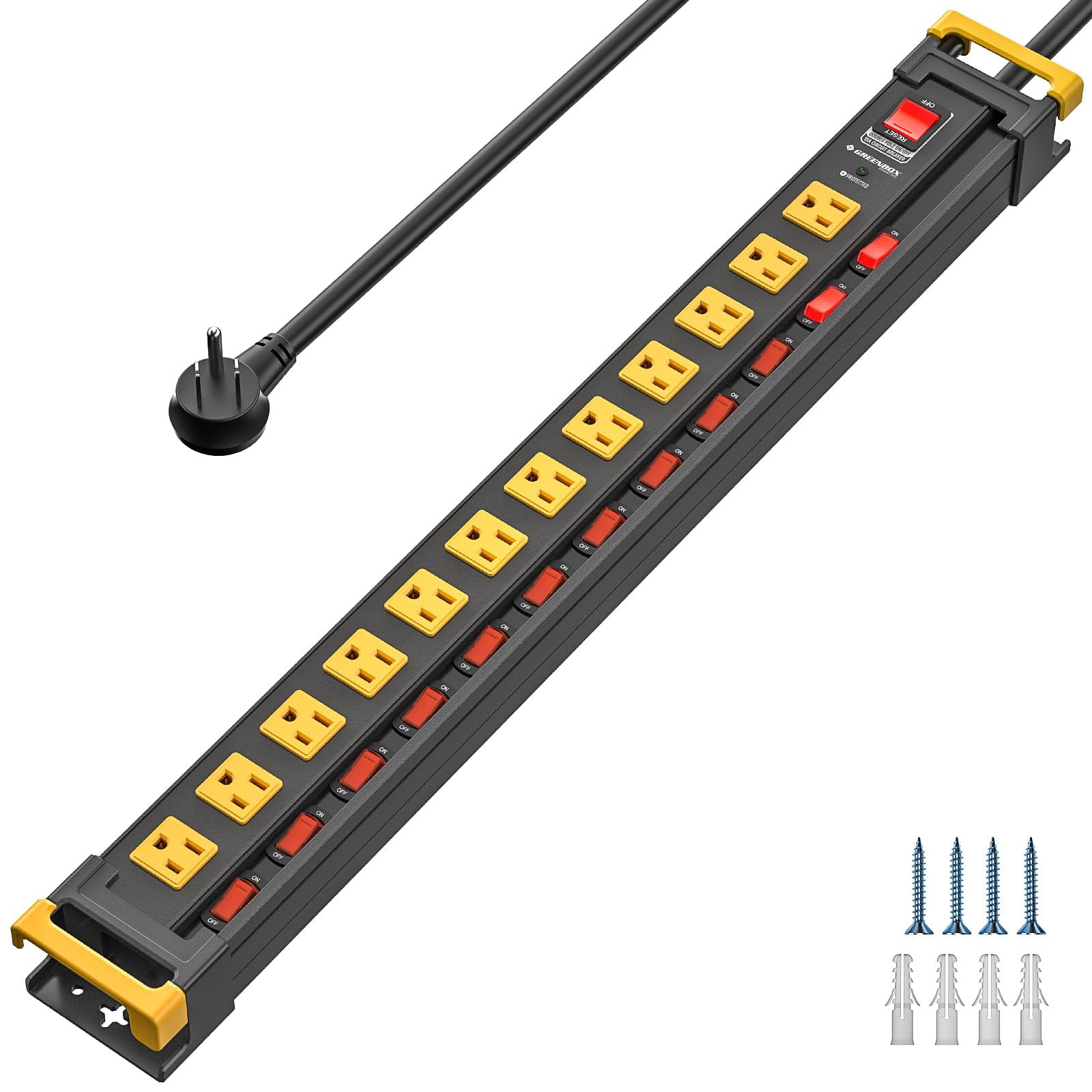 12 Outlet Long Heavy Duty Power Strip with Individual Switches,3300J Surge Protector Metal Power Strip,Wide Spaced,6Ft Cord Managment for School,Gara
