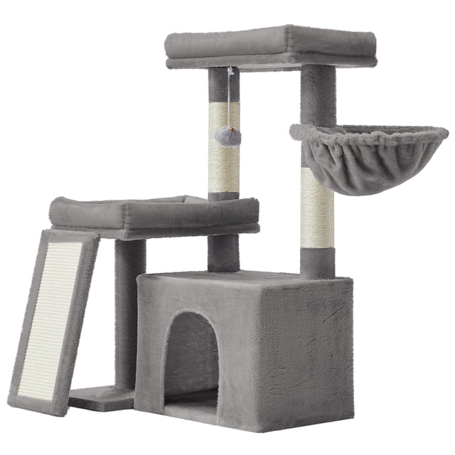 Feandrea Cat Tree, Cat Tower Condo with 2 Large Beds, Scratching Posts and Ramp, 85.8 cm Tall, Dove Grey PCT013GD01