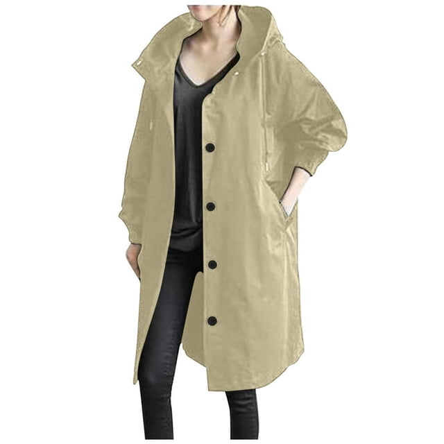 Women‘s Plus Size Solid Color Button Pocket Recreational Hooded Long Sleeve Windbreaker Coat Tops