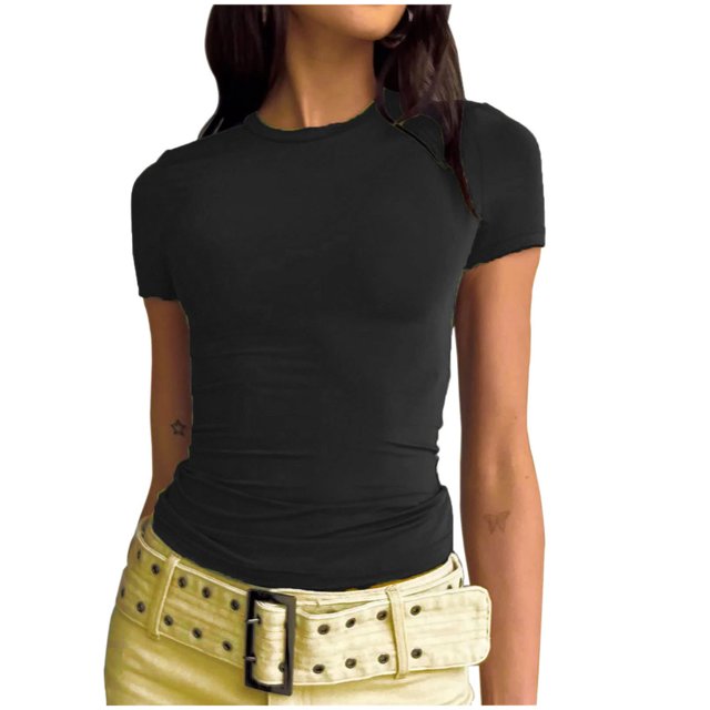 AherBiu Plus Size Crop Tops for Women Basic Stretchy Short Sleeve Crew Neck Slim Fitting Going out Solid Color T Shirts Tops