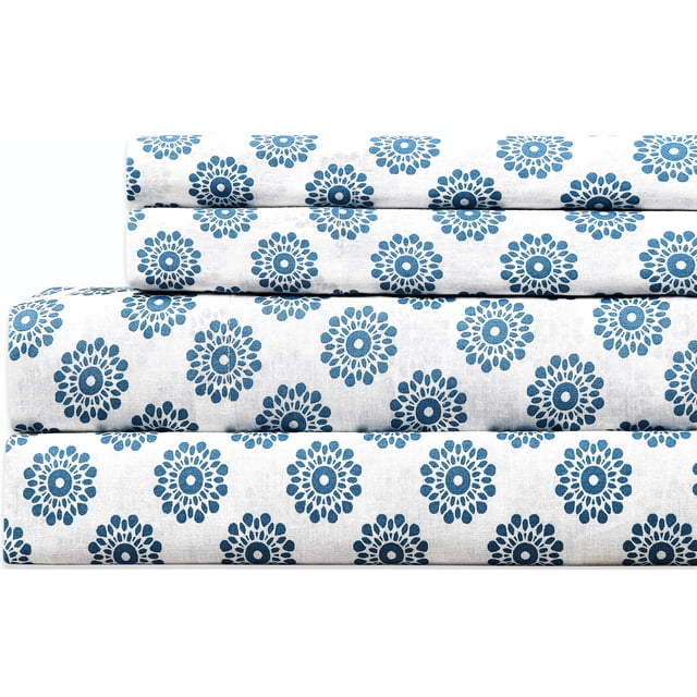 EnvioHome 100% Cotton Bed Sheets, 4 Piece - Cool & Crisp Cotton Percale King Size Bed Sheets in Mandalas Blue pattern. Includes one flat sheet (110 x 104 inches), one fitted sheet (78 x 80 inches) with 16-inch deep pockets, and two pillowcases (20 x 40 inches). Made from breathable, long-staple cotton with a percale weave for durability and softness. OEKO-TEX Standard 100 certified, ideal for a bedding upgrade or guest room use.