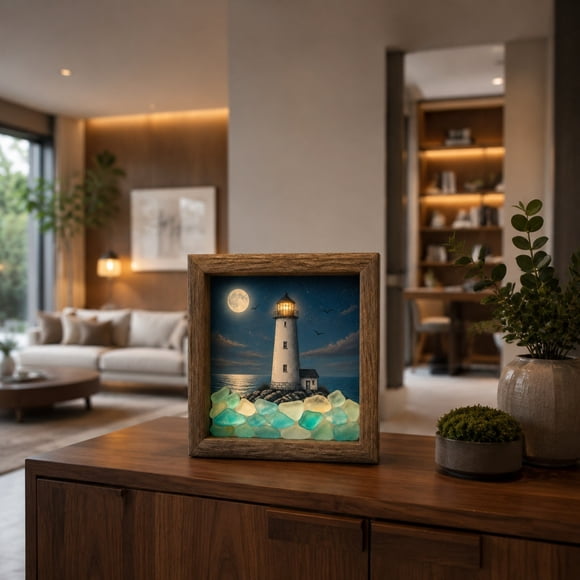 Tuscom Sea Glass LED Shadow Box Light, Wooden Framed Nautical Night Lamp with Turtle Sailboat Beach Art, Coastal Tabletop Wall Decor for Living Room Bedroom