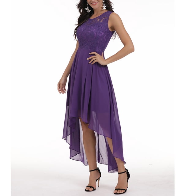 Meichang Robes en Dentelle Asymétriques pour Femmes Sans Manches à Col Rond Formelles de Mariage Robes Maxi Unies à Empiècements Robes de Demoiselle d'Honneur Robes de Bal Cocktail pour Soirée