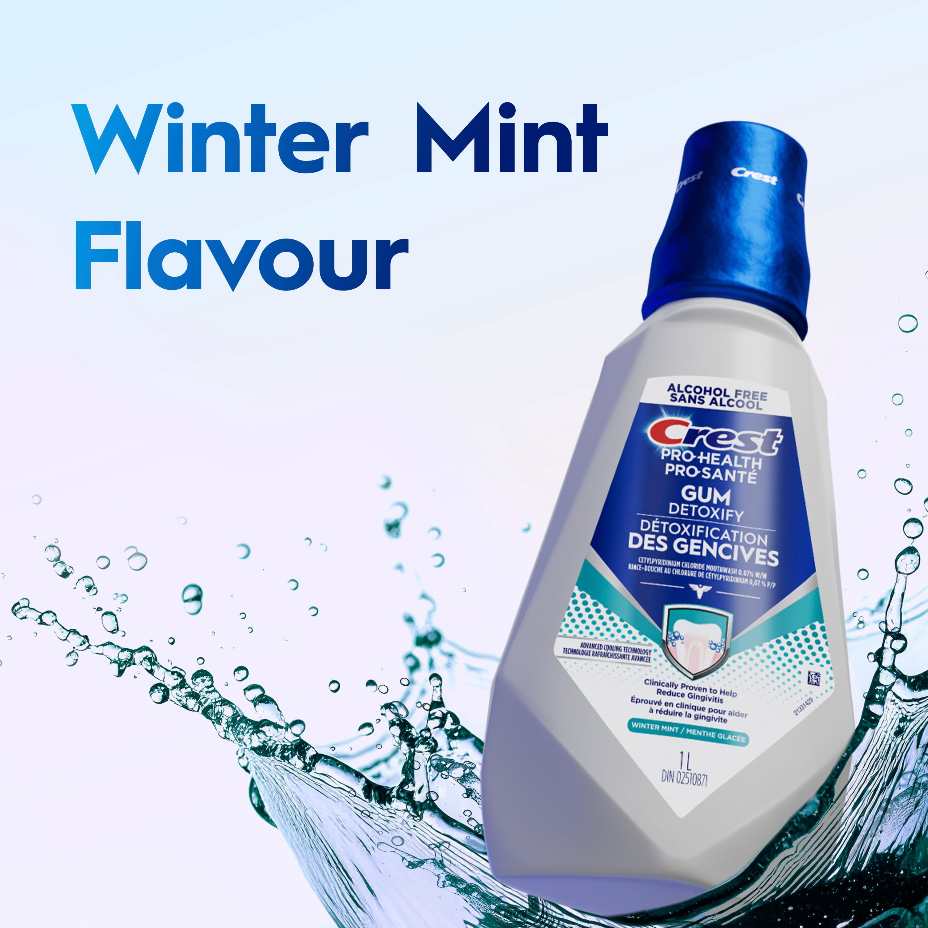 Rince-bouche Crest Pro-Santé Détoxification des gencives, antigingivite et antiplaque, neutralise la plaque, sans alcool, menthe d’hiver, 1 L
