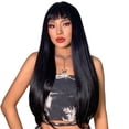 thumbnail image 3 of Perruque Longue Noire en Cheveux Humains avec Frange et Bonnet de Perruque, Perruques Lisses Naturelles Sans Colle 26 Pouces, 3 of 5