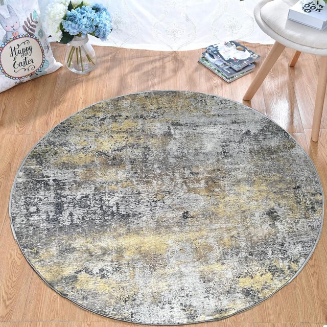 JV Home Round Rug Elegance Yellow Grey 4 ft Washable Carpet Anti Slip