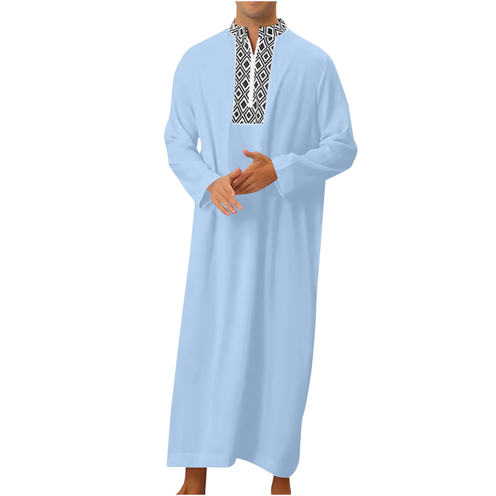 PEZHADA Ensemble de Robe Musulmane pour Homme Robe Arabe Mi-Longue Motif Broderie Manches Longues Col Montant Fermeture Éclair Robe Décontractée Bleu Pâle