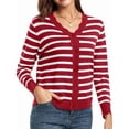thumbnail image 3 of Cardigans pour Femmes à Manches Longues, Décontractés, Légers, Boutonnés, Col en V, Chandail d'Automne, Rayures Rouges, P, 3 of 9