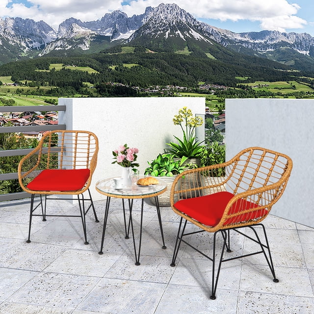 Gymax Ensemble Bistro de Patio en Rotin 3 Pcs Ensemble de Mobilier de Conversation avec Coussins Rouges