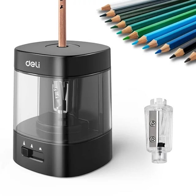 Deli Electric & Battery Pencil Sharpener, Automatic with Adjustable Thickness, Black. A compact black pencil sharpener with a transparent shaving box and adjustable sharpening modes for fine, medium, and broad tips. Features a USB and battery-operated design, suitable for various pencil types including colored and charcoal pencils. Includes a replaceable helical blade and a large shaving container for easy disposal.