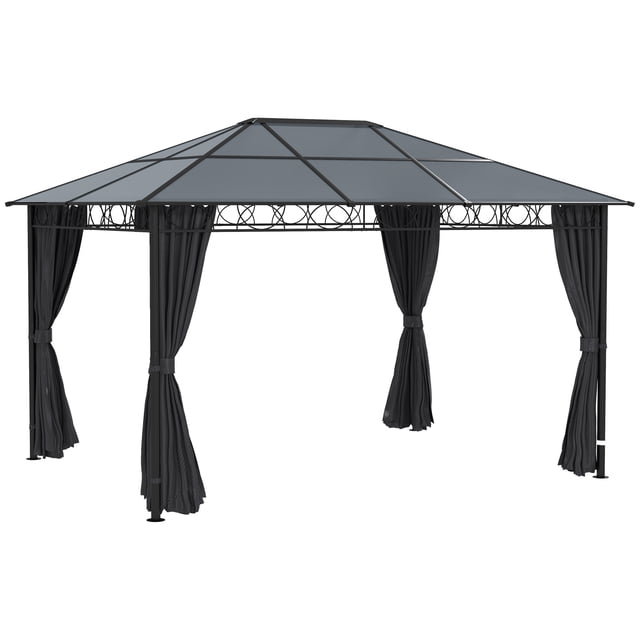 Outsunny Pavillon à Toit Rigide 13 Pieds x 10 Pieds en Gris Foncé, avec Toit Rigide en polycarbonate pour protection UV et Cadre en Acier et Aluminium pour Stabilité. le Pavillon Comprend des Rideaux à Fermeture Éclair Double Face pour L'Intimité et un Toit Pointu pour Prévenir l'Accumulation d'Eau. Conçu pour une Utilisation Extérieure dans les Cours Arrière, Pelouses Ou Zones au Bord de la Piscine, Il Mesure 13.1 Pieds L x 9.8 Pieds L x 8.6 Pieds H et Offre un Grand Abri pour les Rassemblements. des Piquets de Sol Sont Inclus pour