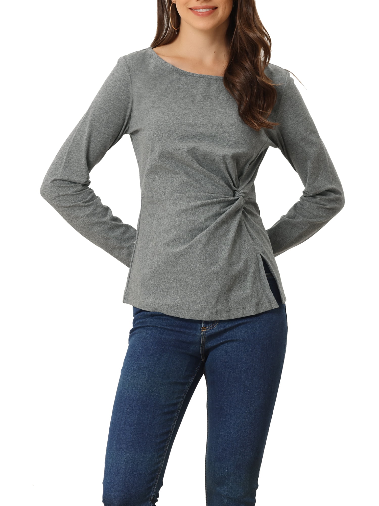 INSPIRE CHIC Hauts pour Femmes Col Rond devant Torsadé Manches Longues Blouses Décontractées m Gris Foncé