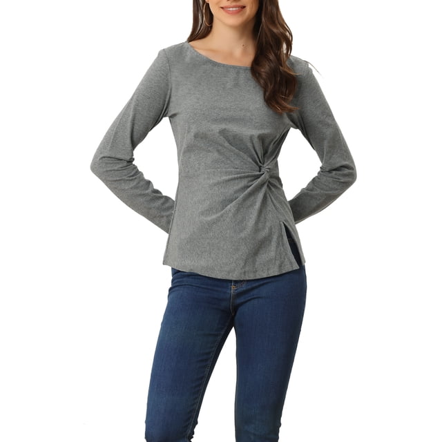 INSPIRE CHIC Hauts pour Femmes Col Rond devant Torsadé Manches Longues Blouses Décontractées TP Gris Foncé