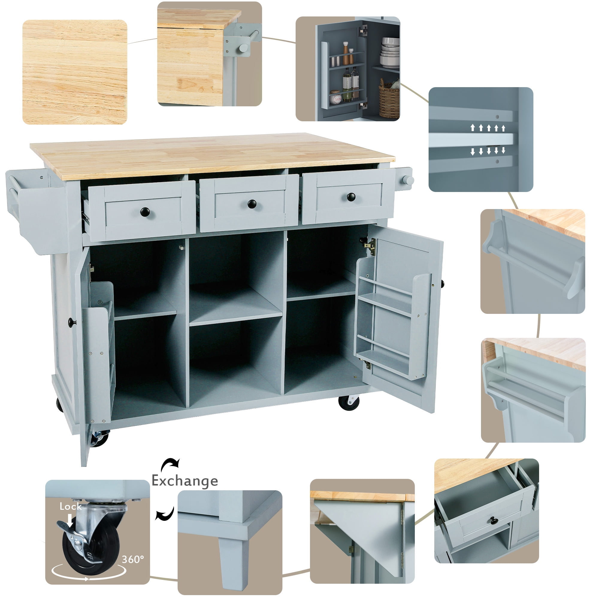Îlot de cuisine Homy Casa, plateau pliable, 3 tiroirs, rangement, bleu