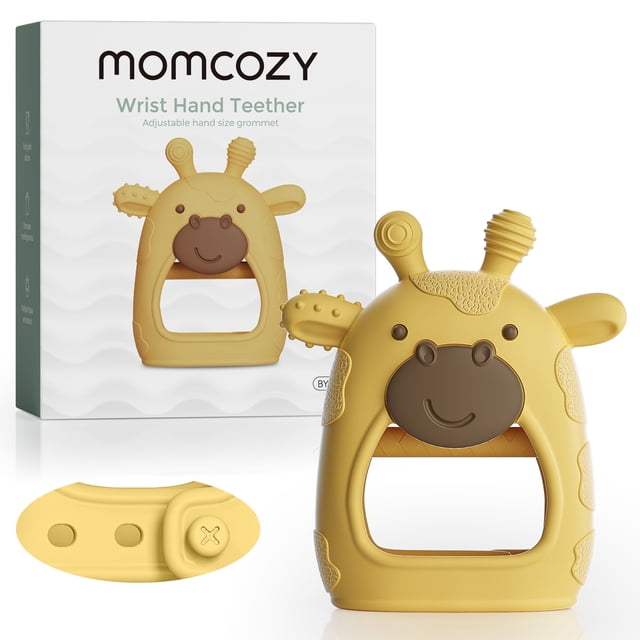 Momcozy Silicone Baby Teether Giraffe Yellow, a BPA-free silicone teething toy shaped like a giraffe with textured surfaces for soothing sore gums. The teether features a soft yellow body with a brown giraffe face and an easy-to-grip handle. Includes an adjustable wrist strap for secure use. Packaged in a branded box with product details.