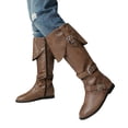 thumbnail image 1 of Knee High Motorcycle Riding Boots for Women Vintage Buckle Low Heel Mid Calf Combat Work Tall Boots, 1 of 6