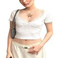 thumbnail image 1 of Women Crop Short Sleeves Tops Lace Patchwork Summer Basic T-Shirts, 1 of 8