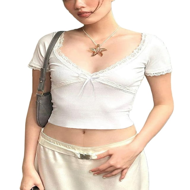 Women Crop Short Sleeves Tops Lace Patchwork Summer Basic T-Shirts