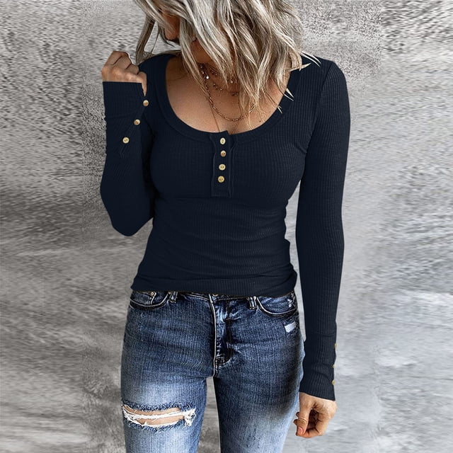 WILLBEST Womens Shirts Trendy 2025 Women Long Sleeve T Shirts Button Down Slim Fit Tops Neck Ribbed Knit Shirts