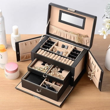 Boîte à Bijoux à 3 Couches, Coffret de Rangement Verrouillable pour Femmes avec Tiroirs pour Boucles d'Oreilles Bagues Collier