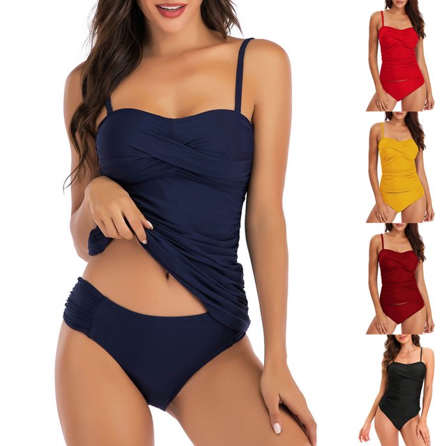 UPPADA Womens Two Piece Tankini Set Solid Spaghetti Straps Swimsuits with Brief Tummy Control Modest Bathing Suits Full Coverage 2 Piece Beachwear Plus Size Womens Suits Black,2xl
