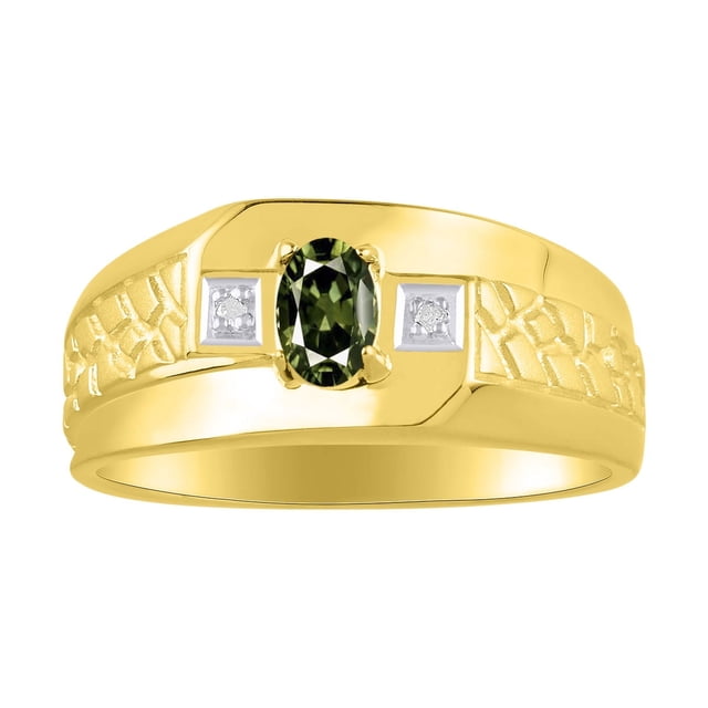 RYLOS Men's Rings 14K Yellow Gold Classic Nugget 6X4MM Oval Gemstone & Diamond Ring Green Sapphire September Birthstone Rings Size 10